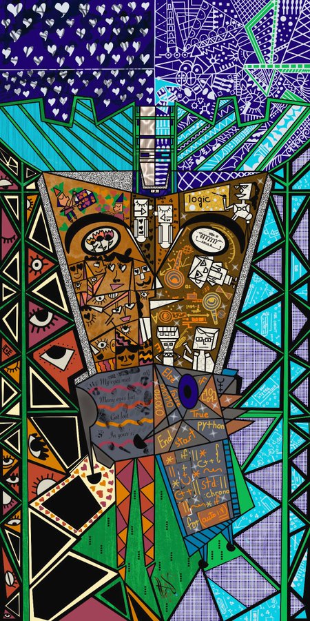 A vibrant, cubist-style digital artwork featuring two stylized faces surrounded by geometric patterns, hearts, and programming-related text like 'logic', 'Python', and 'If/Else'.