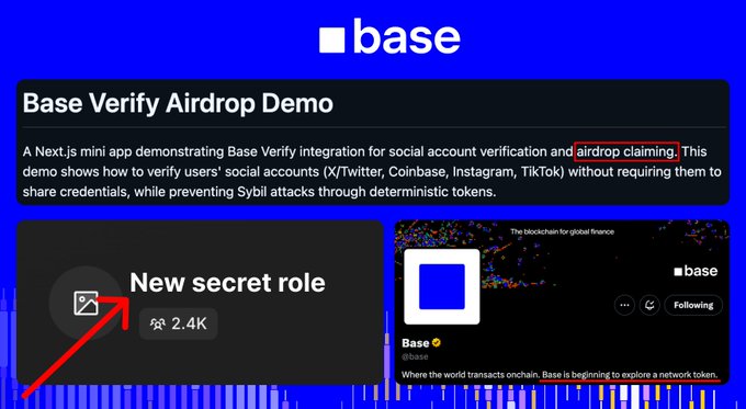 The image is an screenshot of a webpage that displays information about an AirDrop Demo created by Base. The focus of the image seems to be on the "New Secret Role" button at the bottom, which might be a part of a social media integration tool for Base. The text in the image suggests that this feature allows users to verify their identity using airdrops and share it with others through social media platforms such as Twitter, Facebook, or Instagram.