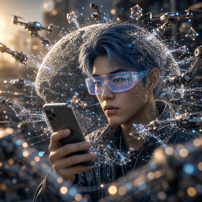 A young man wearing glowing blue futuristic smart glasses looks at his smartphone while surrounded by a complex web of digital nodes, holographic geometric shapes, and flying drones in a futuristic city setting.