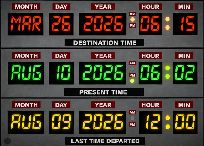 Back to the Future-style digital time circuit display showing Destination Time (MAR 26 2026, 06:15 AM) in red, Present Time (AUG 10 2026, 06:02 AM) in green, and Last Time Departed (AUG 09 2026, 12:00 PM) in yellow.