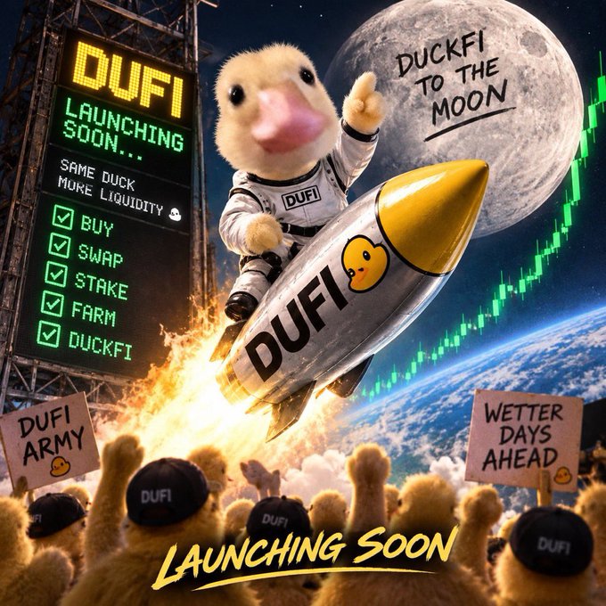 A cartoon duck in a space suit rockets past Earth toward the moon with "DUCKFI TO THE MOON" written on it, while a "DUFI LAUNCHING SOON" billboard lists features like "BUY, SWAP, STAKE, FARM, DUCKFI" and the "DUFI ARMY" of duck fans holds signs reading "WETTER DAYS AHEAD" in front of a green candlestick chart, promoting the $DUFI token ("SAME DUCK MORE LIQUIDITY") at the launch pad.