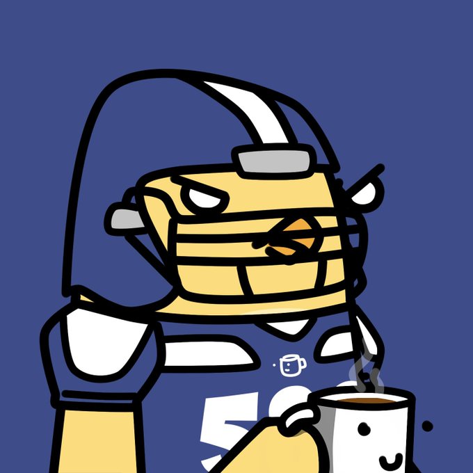 A cartoon illustration of an angry waffle character wearing a blue 'SWC' jersey, holding a coffee mug with a face and a smoking beverage container against a blue background.