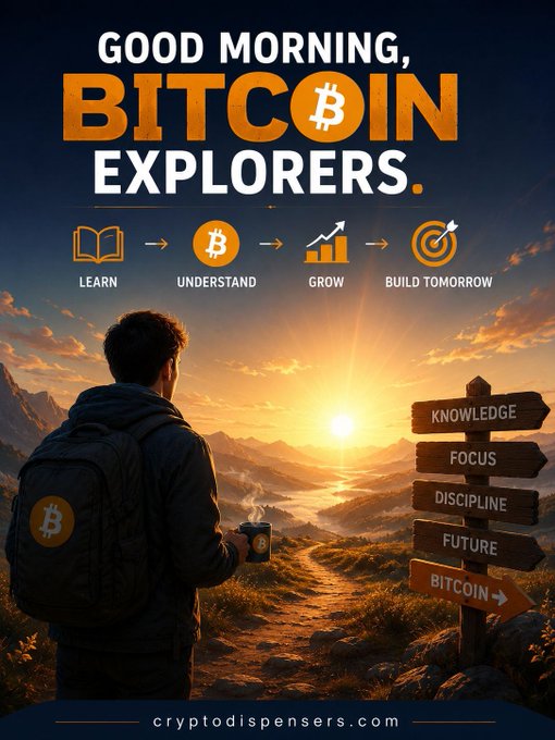 A motivational graphic reading 'GOOD MORNING, BITCOIN EXPLORERS' with icons for LEARN, UNDERSTAND, GROW, and BUILD TOMORROW, showing a hiker with a Bitcoin backpack looking toward directional signs for KNOWLEDGE, FOCUS, DISCIPLINE, FUTURE, and BITCOIN, credited to cryptodispensers.com.