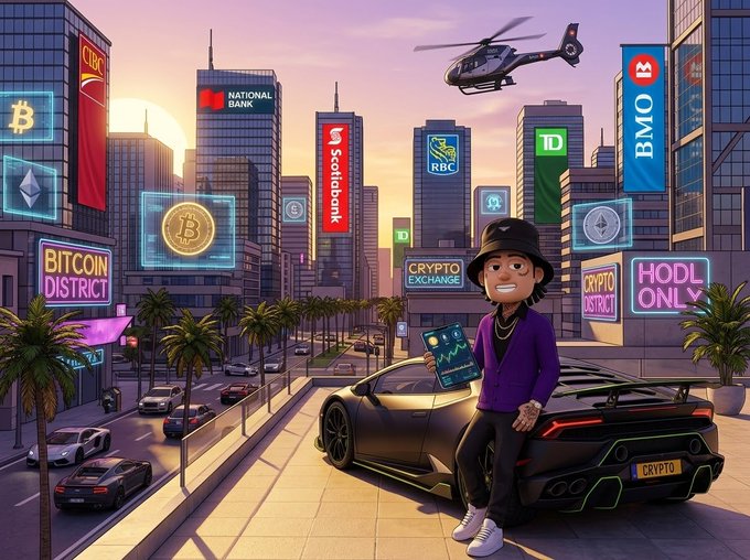 A cartoon illustration of a stylish young man in a bucket hat and purple shirt standing next to a black Lamborghini with a "CRYPTO" license plate in a vibrant cityscape featuring Bitcoin District, Crypto Exchange, HODL ONLY signs and bank logos including Scotiabank, RBC, TD, and BMO.