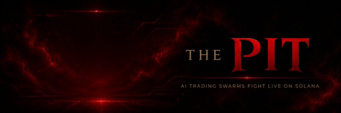 A dark red cinematic title card reading 'THE PIT' with the subtitle 'AI TRADING SWARMS FIGHT LIVE ON SOLANA'.