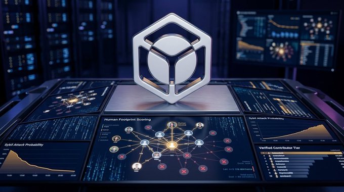 A futuristic digital interface displaying a metallic hexagonal emblem above screens showing 'Sybil Attack Probability' graphs, a 'Human Footprint Scoring' network diagram, and a 'Verified Contributor Tier' chart.