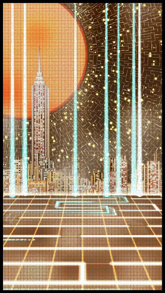 The image features a poster with an abstract cityscape design, including a large sun positioned centrally against a backdrop of buildings and lines. The poster also includes text that reads "Art on Bitcoin", which could be interpreted as a connection between the artistic elements in the poster and the concept of digital currency or blockchain technology.