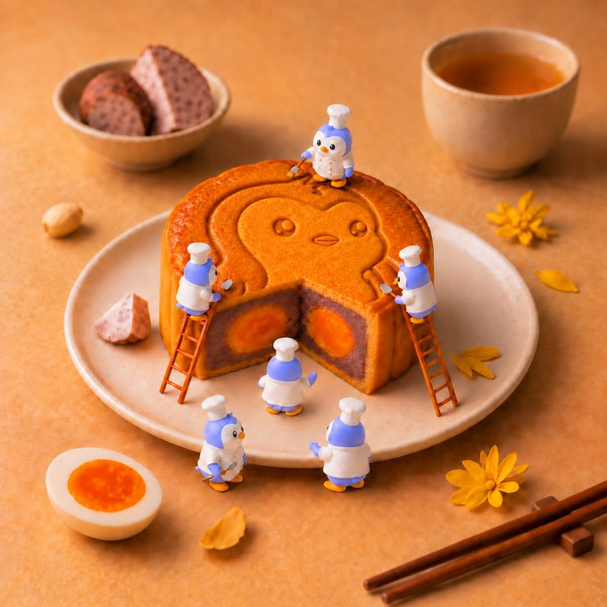 Creative food photography featuring a mooncake or pastry with cute penguin chef figurines around it on a plate, accompanied by tea and a halved boiled egg.