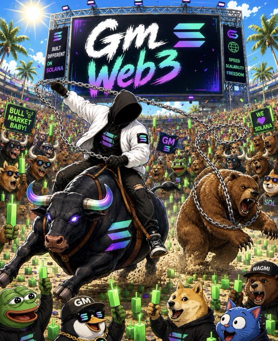 A hooded figure rides a bull charging past chained bears in a stadium arena, with a large screen displaying "Gm Web3" and crowds of characters wearing "GM" hats, holding signs like "BUILT ON SOLANA," "BULL MARKET BABY," and "WE ❤️ SOLANA"—visually celebrating the bullish Web3 community spirit the post conveys.