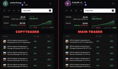 A side-by-side comparison screenshot of two cryptocurrency websites, 'COFFTRADER' and 'MAIN TRADER', displaying portfolio data and rankings.