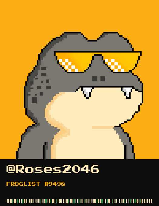 A pixel art image of a grey dinosaur or crocodile wearing pixelated yellow sunglasses against an orange background, with text reading '@Roses2046' and 'FROGLIST #9498'.