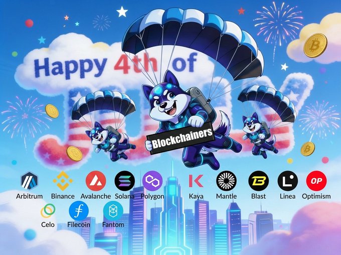The image features cartoon husky dogs parachuting through a sky with fireworks, displaying "Happy 4th of July" and "Blockchairners" text, alongside logos of 13 blockchain networks including Arbitrum, Binance, Avalanche, Solana, Polygon, Kaya, Mantle, Blast, Linea, Optimism, Celo, Filecoin, and Fantom.

The image creatively illustrates the post's message of "dropping a whole pack" of dogs onto multiple blockchains, with parachuting huskies symbolizing the "$AI" token launch across 20+ chains, celebrating America's 250th with a playful jab at other dog-themed projects.