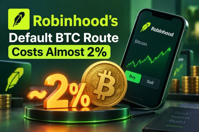 An advertisement graphic for Robinhood highlights that their default BTC route costs almost 2%, with a phone showing the Bitcoin trading app and a gold Bitcoin coin.