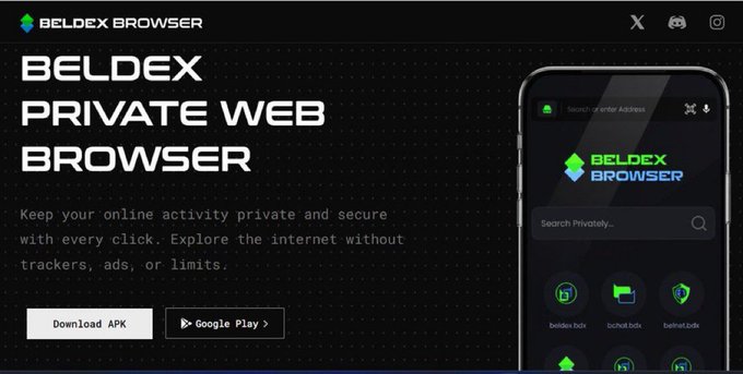 An advertisement for 'BELDEX PRIVATE WEB BROWSER' promoting private and secure online activity without trackers, ads, or limits, featuring Download APK and Google Play buttons alongside a phone displaying the browser interface.