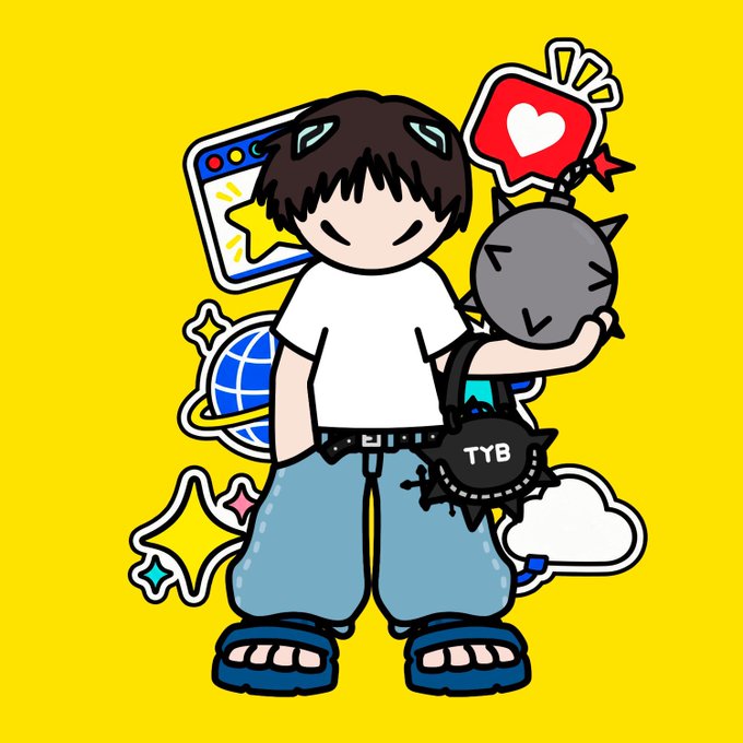 A cartoon illustration of a character with brown hair and bangs, wearing a white shirt, blue jeans, and blue sandals, holding a gray spiky bomb-like object labeled 'TYB', surrounded by stickers on a bright yellow background.