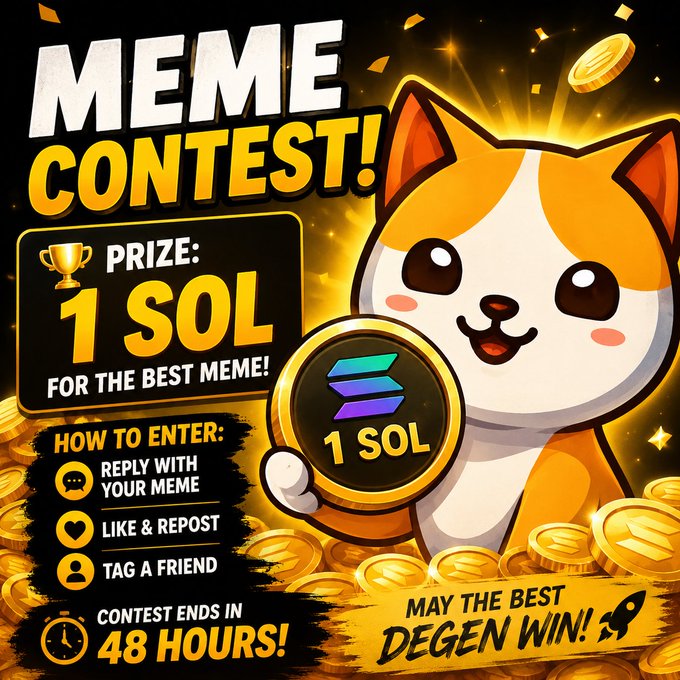 A 'MEME CONTEST!' graphic offering a prize of '1 SOL' for the best meme, with instructions to reply with a meme, like and repost, and tag a friend, ending in 48 hours, featuring a cute cat character holding a Solana coin.