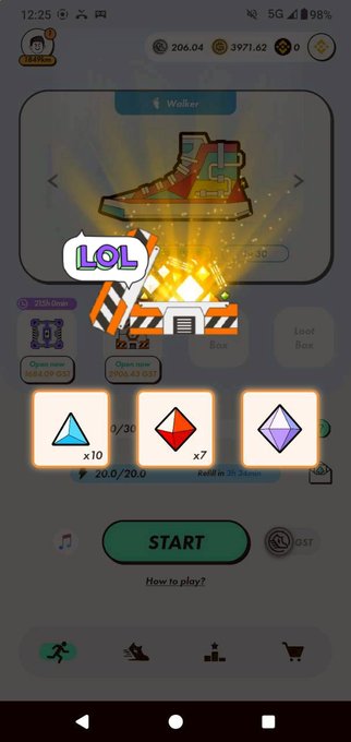 The image shows a phone screen with an app icon, which appears to be a game or shopping app. The main focus of the image is a pair of shoes displayed on the screen, along with some text that reads "LOL" and "Start". There are also several other icons in the background, including one for a music player and another for a calculator.