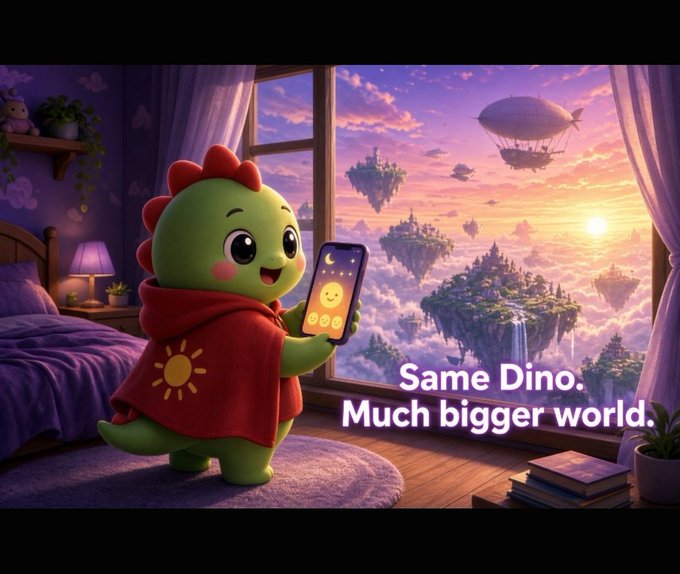 An illustrated promotional image featuring a cute green dinosaur character in a red hoodie holding a phone in a bedroom overlooking floating islands at sunset, with the text 'Same Dino. Much bigger world.'