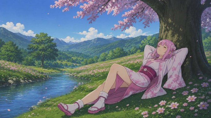 A pink-haired anime character in a floral kimono rests peacefully under cherry blossoms by a serene mountain stream, capturing the tranquil, nature-inspired aesthetic central to the ELUNIA NFT collection giveaway.