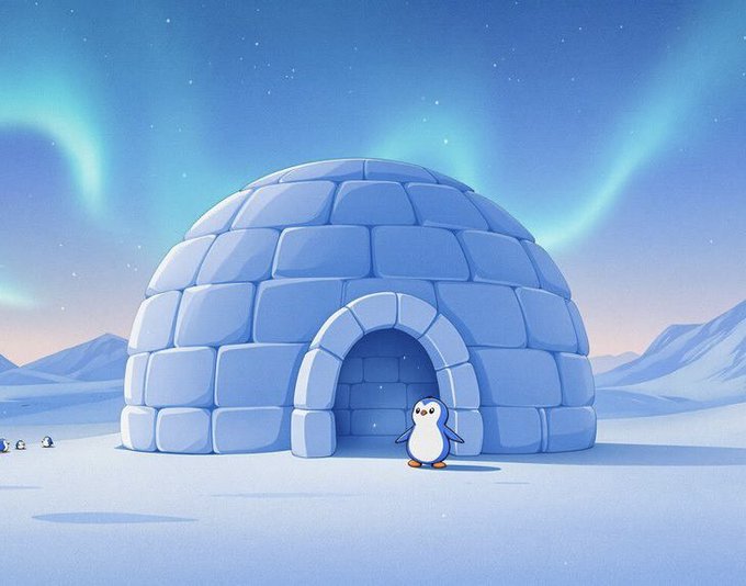 A digital illustration of a small penguin standing in front of an igloo under a starry sky with green aurora borealis overhead.