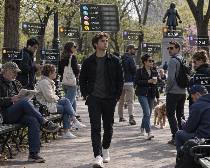 A young man walks through a park as digital cryptocurrency balances (Bitcoin, Ethereum, Solana, Zama, cUSDC, cUSDT, cWETH, cXAUT, cZAMA) float above the crowd, illustrating the post's message about protecting on-chain assets via Zama's app.