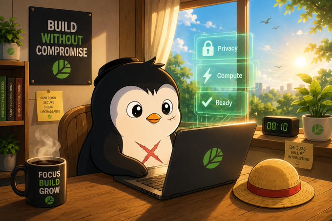 An illustrated penguin-like character wearing a black hoodie works on a laptop with a green logo, with floating UI panels showing 'Privacy', 'Compute', and 'Ready' alongside a 'BUILD WITHOUT COMPROMISE' poster, a 'FOCUS BUILD GROW' mug, and a straw hat.