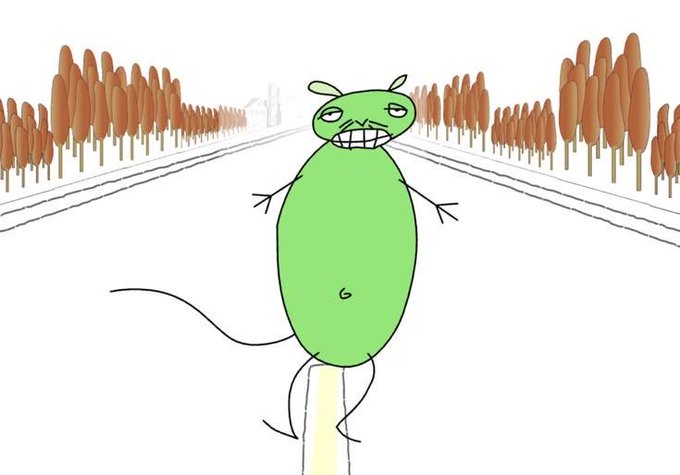 A crude cartoon drawing shows a green alien-like figure with an angry expression standing on a yellow stick figure, set against a background of orange trees lining a road.