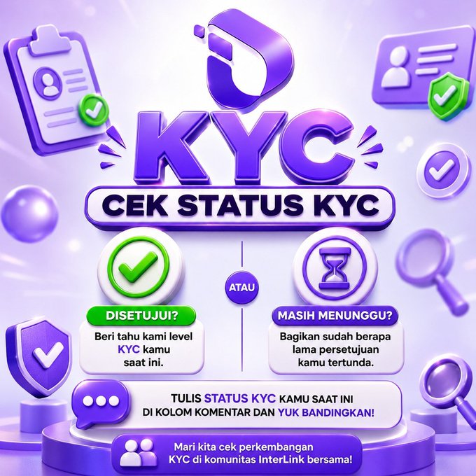 A vibrant purple-themed promotional graphic titled "KYC CEK STATUS KYC" features 3D icons of ID cards, shields, and hourglasses, with sections prompting users to share whether their KYC is "DISETUJUI?" (Approved) or "MASIH MENUNGGU?" (Still Waiting), encouraging InterLink community members to comment their current status.