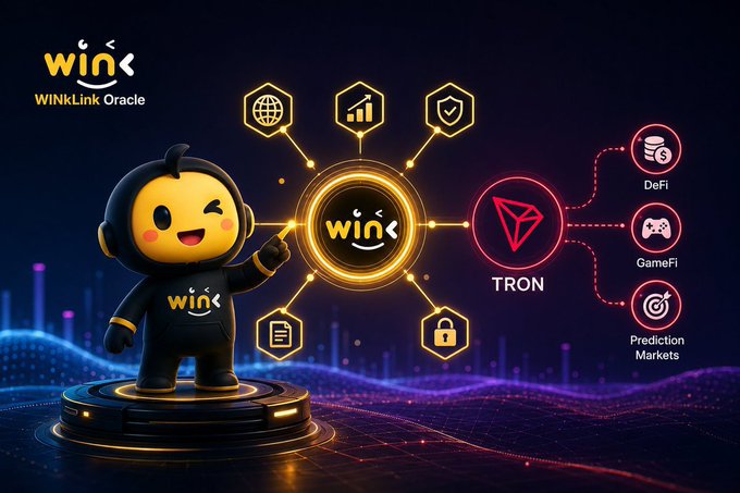 Promotional graphic for "WinkLink Oracle" featuring a black and yellow mascot character on a glowing pedestal, connected to various icons including TRON, DeFi, GameFi, and Prediction Markets.
