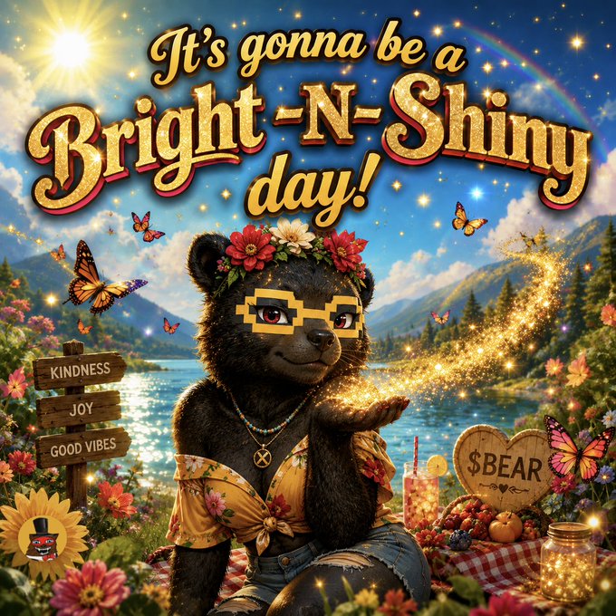 AI-generated image featuring an anthropomorphic black bear wearing pixelated glasses and a flower crown, with text reading 'It's gonna be a Bright-N-Shiny day!' surrounded by butterflies, sunflowers, a rainbow, and signs reading 'KINDNESS', 'JOY', 'GOOD VIBES', and '$BEAR'.