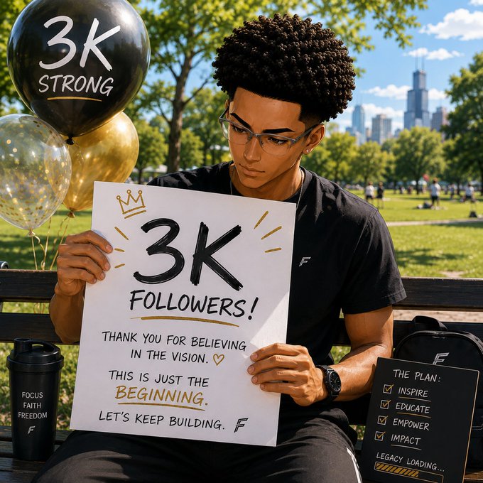 A young man wearing glasses sits on a park bench holding a handmade sign that reads '3K FOLLOWERS! THANK YOU FOR BELIEVING IN THE VISION. THIS IS JUST THE BEGINNING. LET'S KEEP BUILDING,' with a '3K STRONG' balloon and a checklist board visible beside him.
