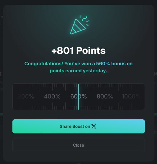 A mobile app screen displaying a pop-up celebration for winning '+801 Points' with a 560% bonus, featuring a horizontal gauge and a 'Share Boost on X' button.