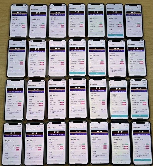 A grid of 24 smartphones, all displaying apps with 'P.P' logos and various price amounts ranging from $9,432 to $19,120.