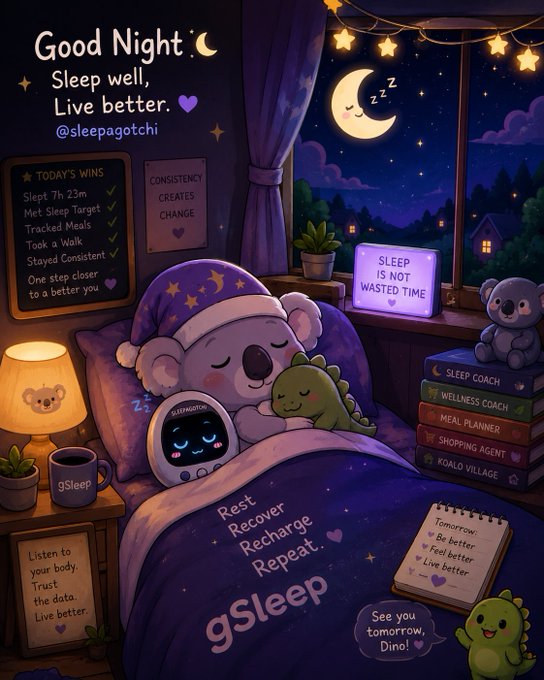 A whimsical 'Good Night - Sleep well, Live better' illustration from @sleepagotchi featuring a koala sleeping in a purple bed with a dinosaur plushie, including a 'TODAY'S WINS' chalkboard listing sleep achievements and various wellness-themed signs.