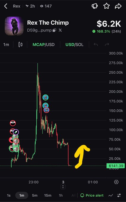 A cryptocurrency chart titled 'Rex The Chimp' shows the MCAP/USD price spiking to around 275,000 before dropping to 6,141.39, with a yellow arrow indicating the decline and a 168.3% gain over 24 hours.