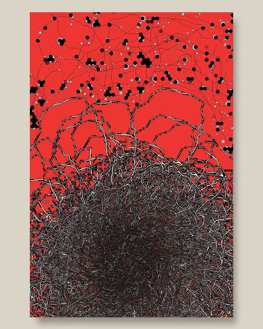 Abstract artwork with a vibrant red background featuring black dots, twisted wire-like structures resembling bare trees, and a dense metallic nest at the bottom.