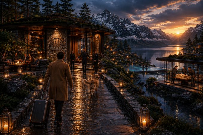 A digital painting of a man walking a dog along a wet stone path toward a lit building, with snow-capped mountains and a sunset visible over a lake.