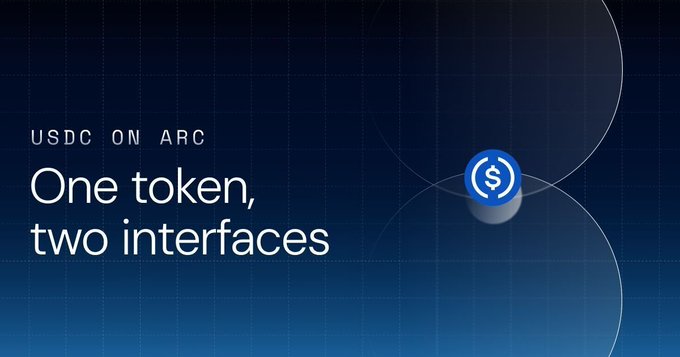 Circle promotional graphic featuring 'USDC ON ARC' with the tagline 'One token, two interfaces' and a USDC coin logo.
