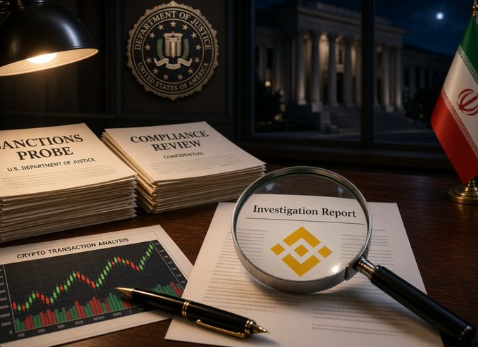 A conceptual image depicts an 'Investigation Report' with the Binance logo under inspection, alongside DOJ documents labeled 'SANCTIONS PROBE' and 'COMPLIANCE REVIEW' near an Iranian flag.