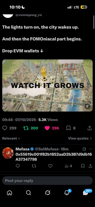 A mobile screenshot of a social media post by @fomopoy_fn with text 'The lights turn on, the city wakes up. And then the FOMOronacl part begins.' and 'Drop EVM wallets ↓', showing 5.2K views.