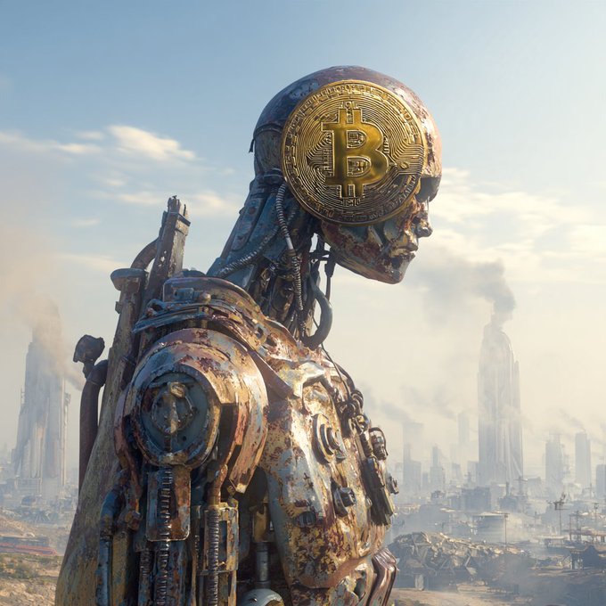 A dystopian sci-fi image shows a rusted robotic figure with a Bitcoin logo on its head standing before a futuristic cityscape with smoke stacks.