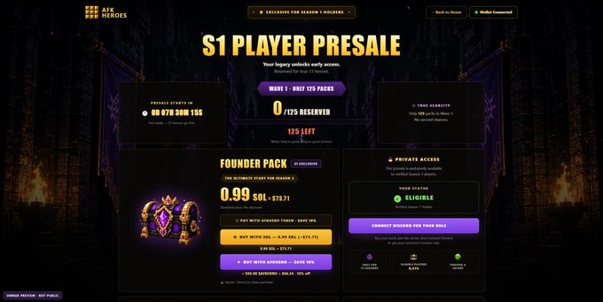 The image displays the S1 Player Presale page for AFK Heroes, highlighting the exclusive Founder Pack priced at 0.99 SOL ($37.71), with Wave 1 limited to only 125 packs and the presale starting in 8 days, 3 hours, and 15 seconds. The page also features private access options and shows that 0/125 packs are currently reserved, aligning with the post's announcement of the limited Founder Pack presale for Season 1 players.