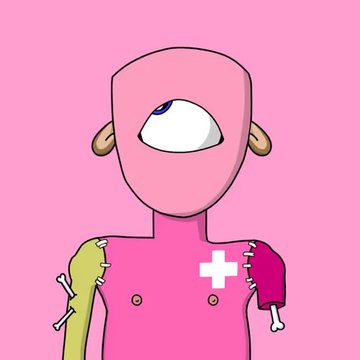 A cartoon character with a pink rectangular head containing a single large eye, wearing a torn pink and yellow shirt with a medical cross patch, on a pink background.
