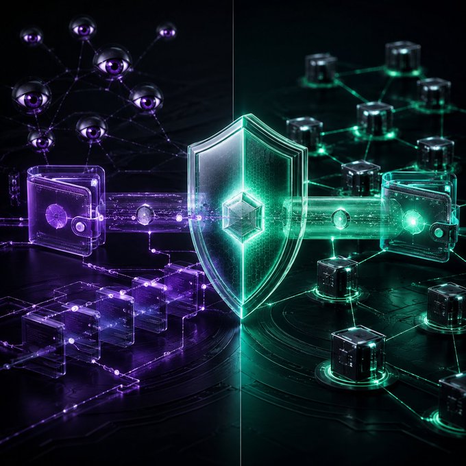 A digital illustration showing a glowing green security shield in the center, flanked by purple wallets/nodes with eye icons on the left and green server/blockchain nodes on the right.