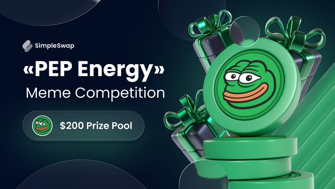 A promotional graphic for the "PEP Energy" Meme Competition by SimpleSwap, featuring a green Pepe the Frog character beside gift boxes, announcing a $200 prize pool that aligns with the announcement of winners in the accompanying post.