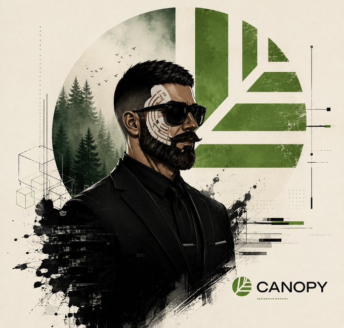 An illustration shows a bearded man in a black suit and sunglasses with a circuit-board pattern on his face, set against a green circular background and the 'CANOPY' logo.
