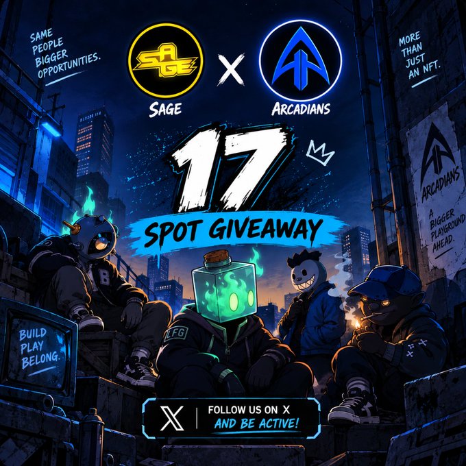 A promotional graphic for an "Arcadians × SAGE 17 SPOT GIVEAWAY" collaboration features four futuristic characters in a neon-lit cyberpunk alleyway, with logos for both brands displayed at the top and a call-to-action to "FOLLOW US ON X AND BE ACTIVE!" at the bottom. The image promotes a giveaway of 17 spots (7 GTD + 10 FCFS) for the Arcadians NFT collection built on the ARC blockchain.