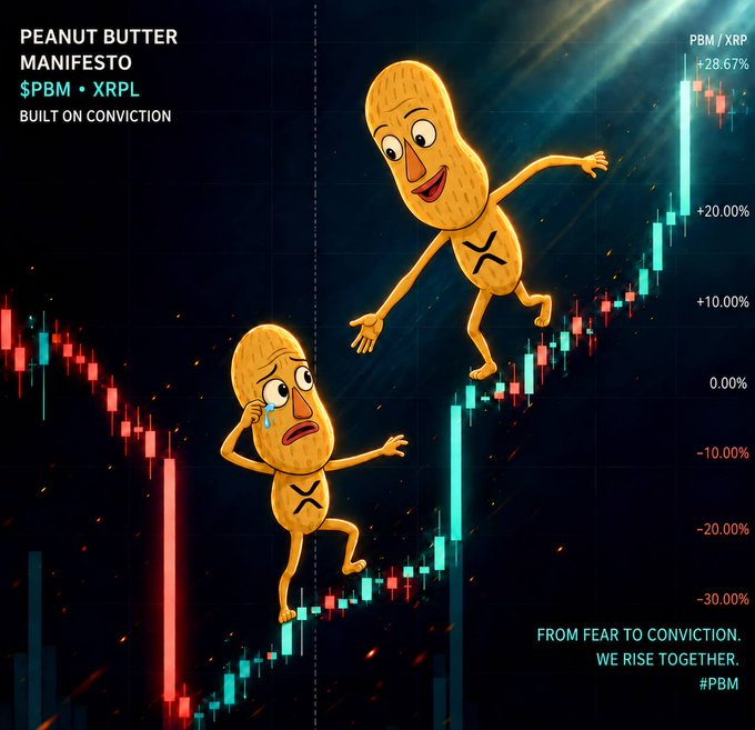 A promotional graphic titled 'PEANUT BUTTER MANIFESTO' featuring two anthropomorphic peanuts with XRP logos, one crying in fear and one leaping in joy over a candlestick chart showing PBM/XRP at +28.67%, with the tagline 'FROM FEAR TO CONVICTION. WE RISE TOGETHER. #PBM'.