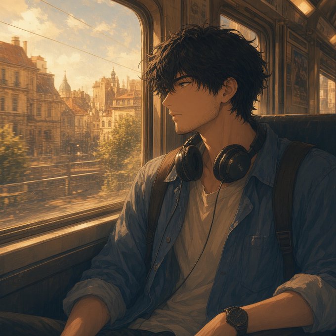 An anime-style illustration of a dark-haired young man with headphones around his neck sitting on a train, looking out the window at a cityscape.