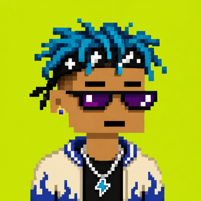 A pixel art character with spiky blue hair, purple sunglasses, and a blue and white flame-patterned jacket, set against a bright green background, promoting a limited NFT collection mint event on OpenSea with only 6,666 available.